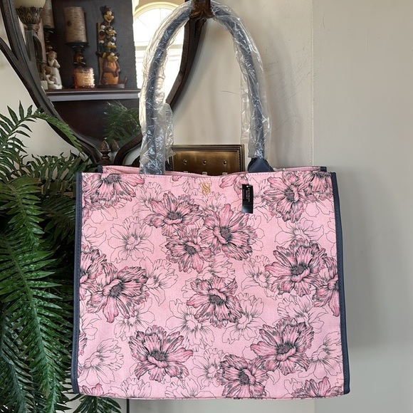 Brand New Victoria's Secret Pink Grey Floral Tote Bag Snap Close Shoulder Purse - Picture 1 of 15
